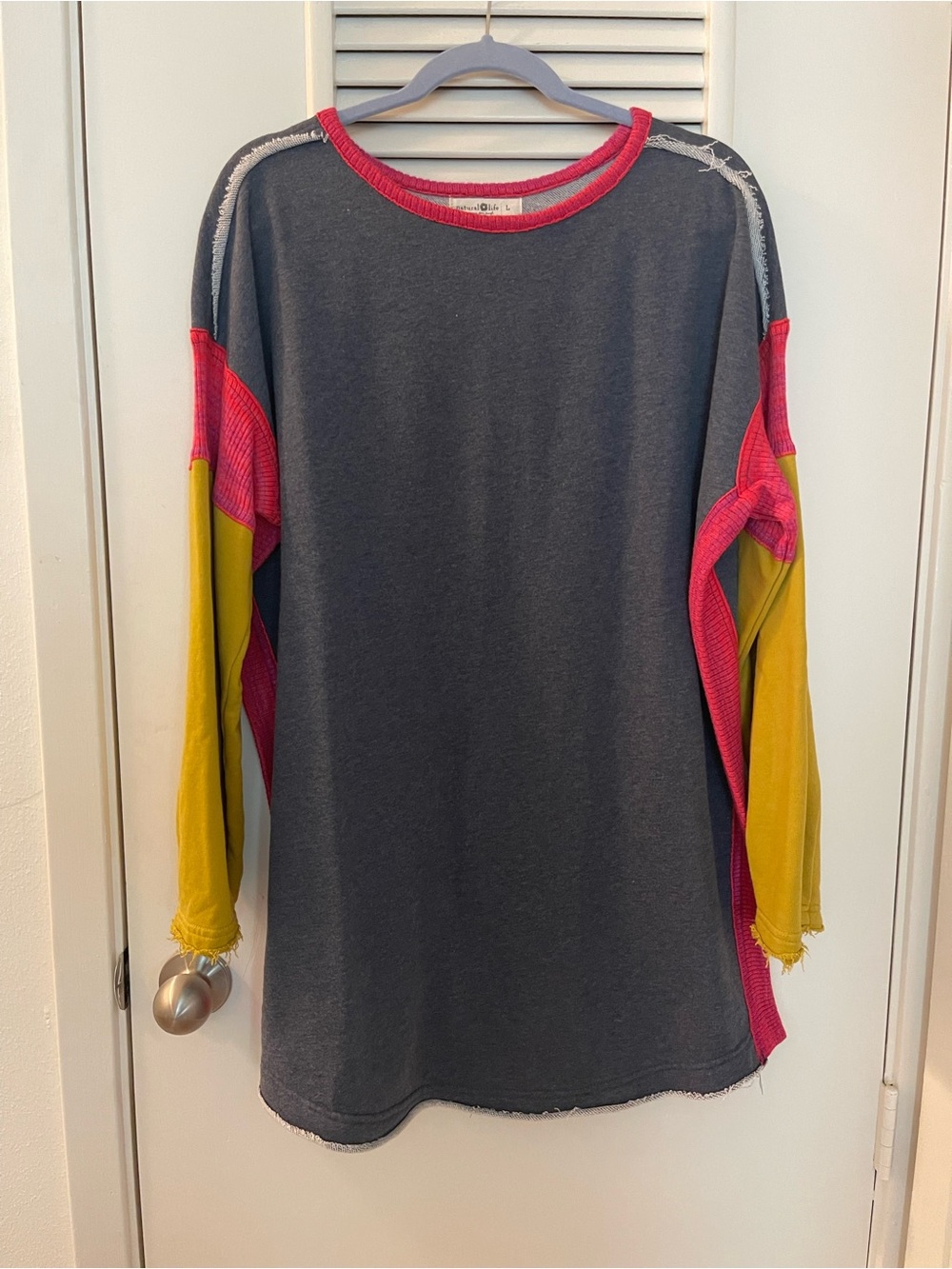 NATURAL LIFE Charcoal Long Sleeve Tunic with Pink Trim and Mustard Sleeves